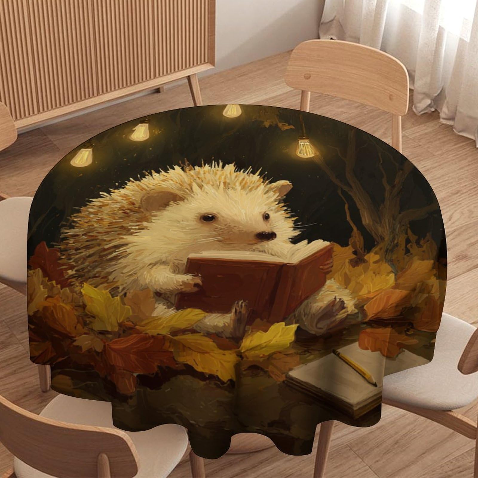 LUYYSKY Rustic Abstract Cute Hedgehogs Waterproof Round Tablecloth Modern Aesthetic Autumn Plants Maple Leaves Animals Hedgehogs Pattern Washable Table Cover for Kitchen-177.8" Wx177.8 L cm