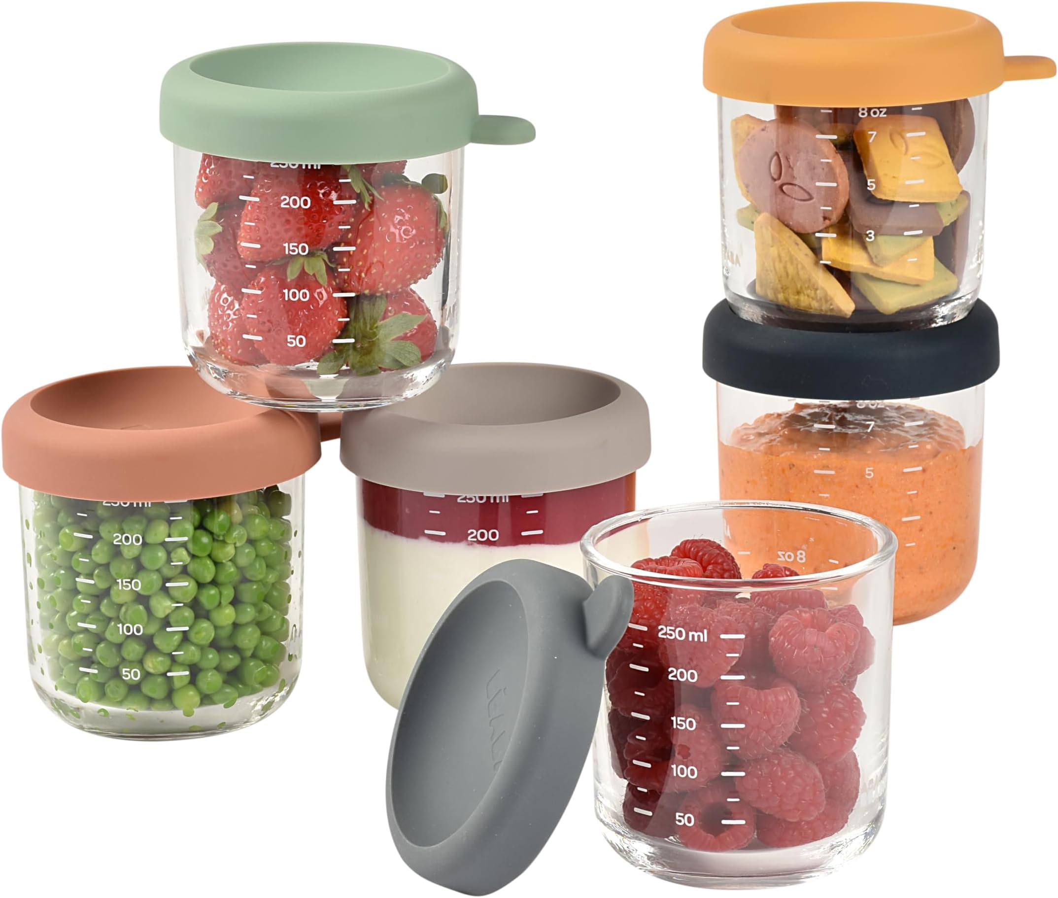 Béaba - Set of Baby Food Storage Containers - Glass Conservation Jar - Graduation Measuring Scale - Heat and Thermal Shock Resistant - 6 x 250 ml - Made in France - Sunrise