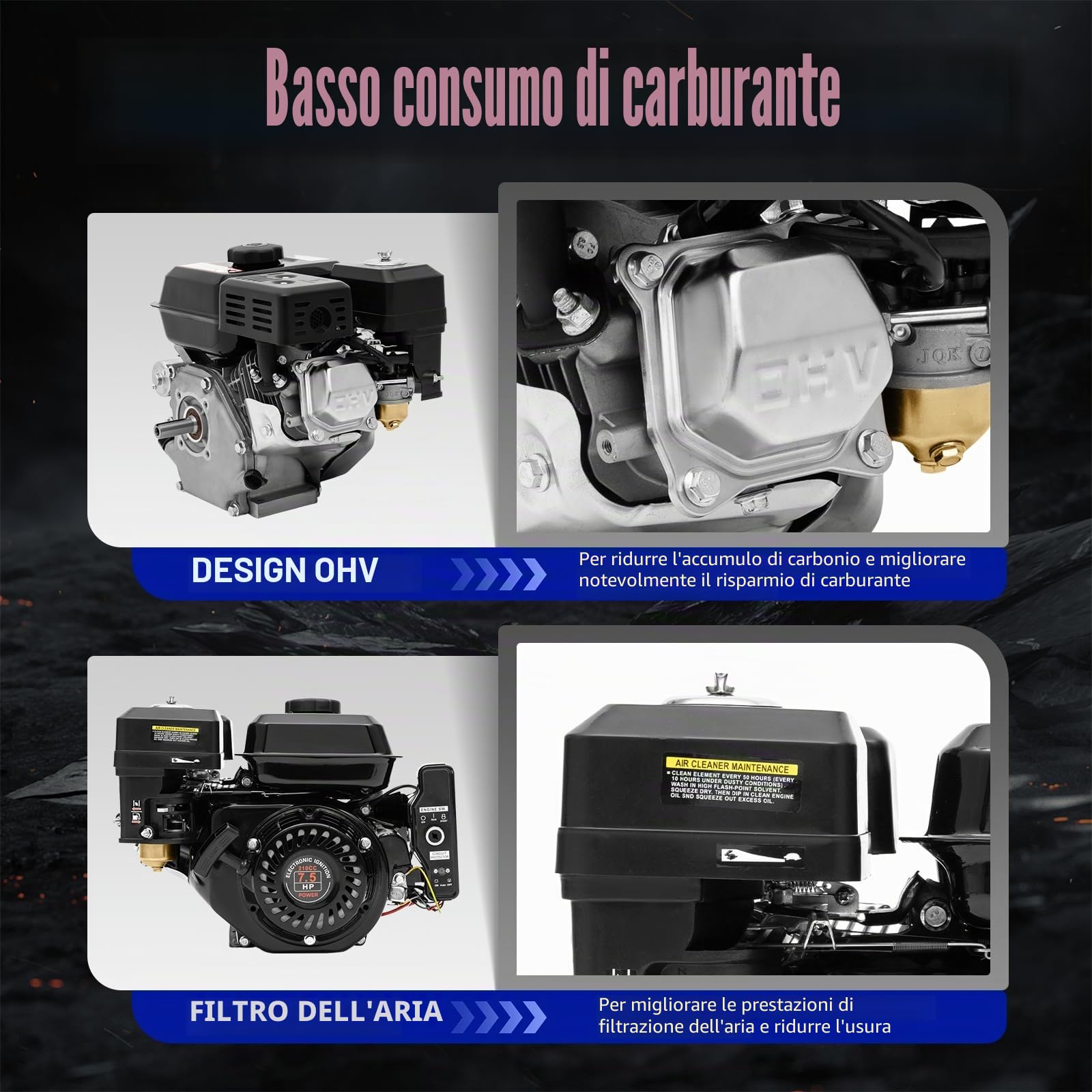 Motore a benzina da 7,5 CV, 4 tempi con avviamento elettrico | Motore industriale OHV da 210cc (3600 giri/min, 10,8Nm di coppia) per idropulitrici/generatori - Raffreddato ad aria e sistema di