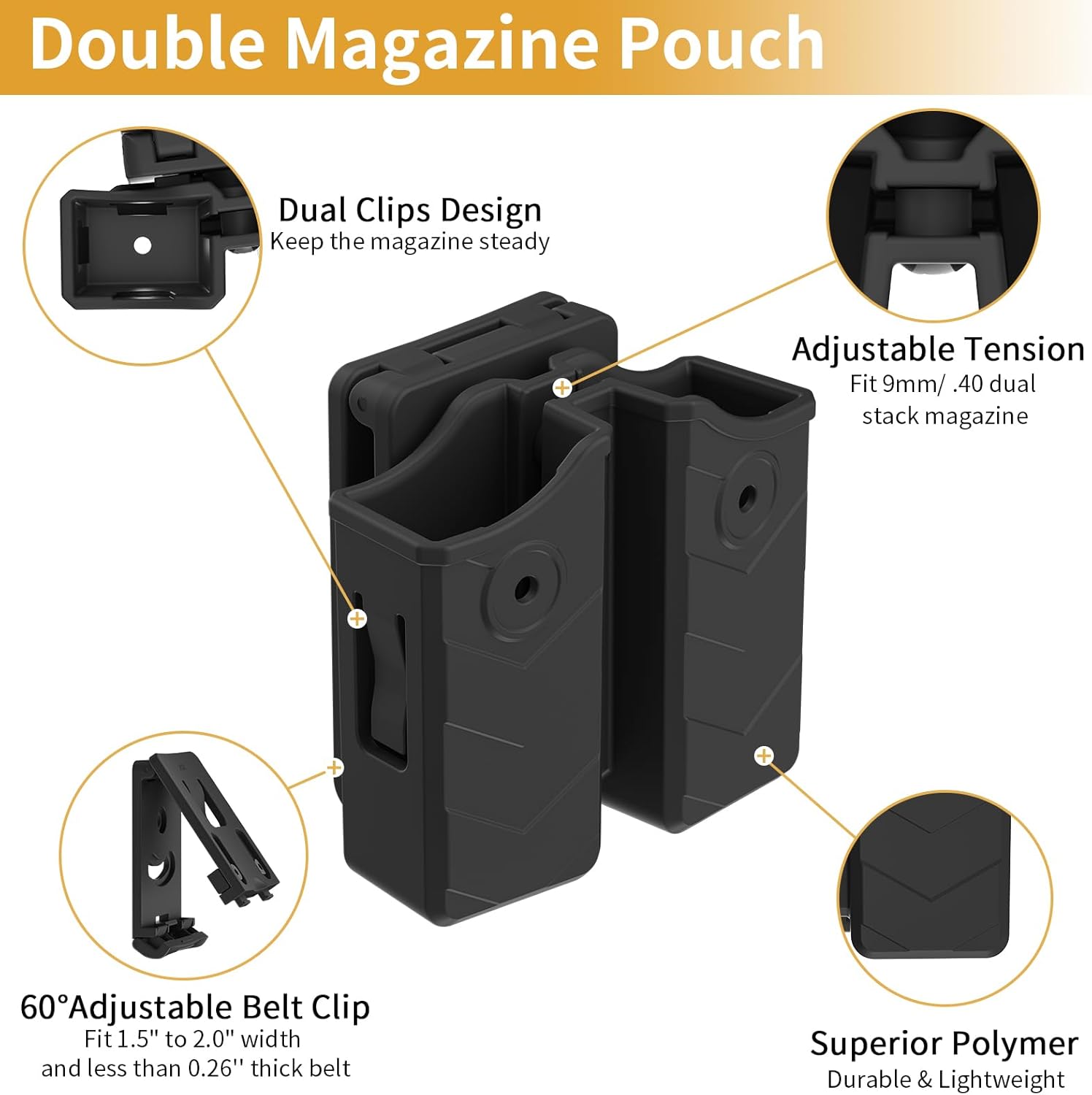 Universal Double Magazine Pouch, OWB 9mm .40 Double Stack Mag Holder Dual Stack Adjustable Retention Pistol Mags Holster Fits Glock/Sig/S&W/Beretta/CZ/H&K/Colt/Browning/Taurus/Springfield/Ruger/CANIK