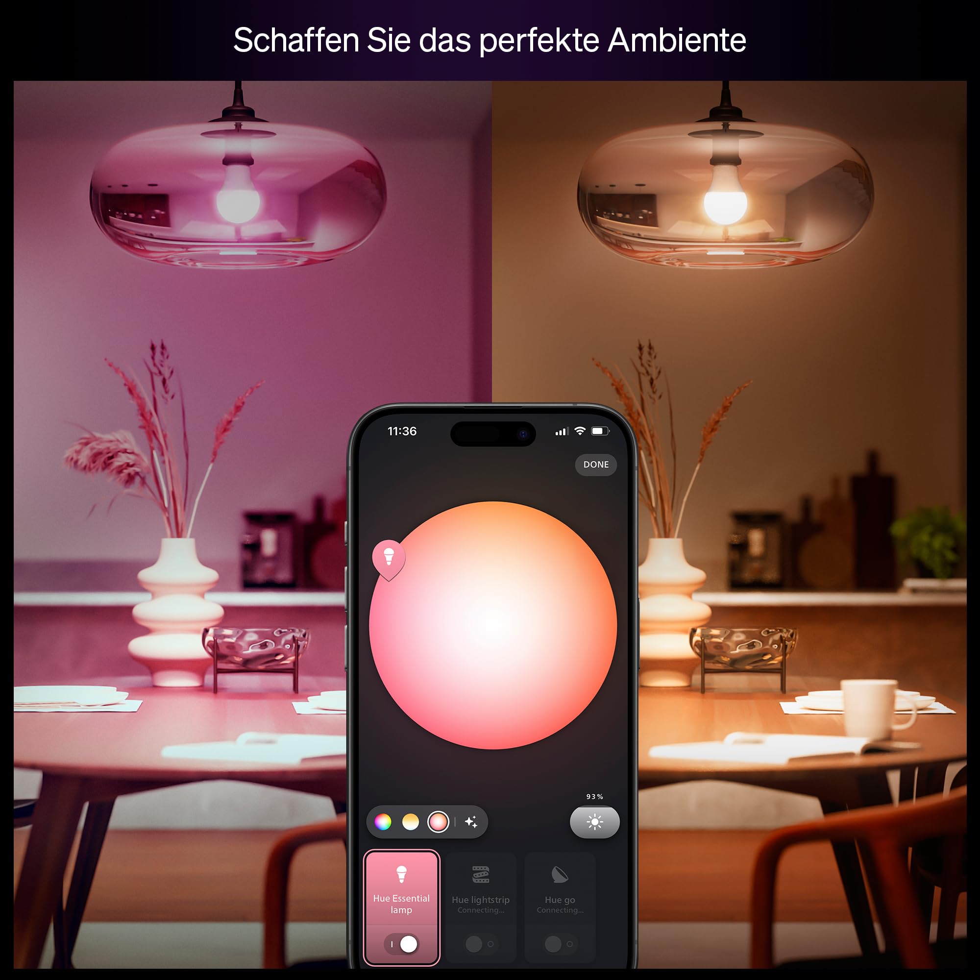 Philips Hue Essential Starter-Set: Bridge + 4 Essential E27 Smart Leuchtmittel, White und Color Ambiance LED Licht, 2200-6500K, dimmbare LED Lampen, funktioniert mit diversen Sprachassistenten