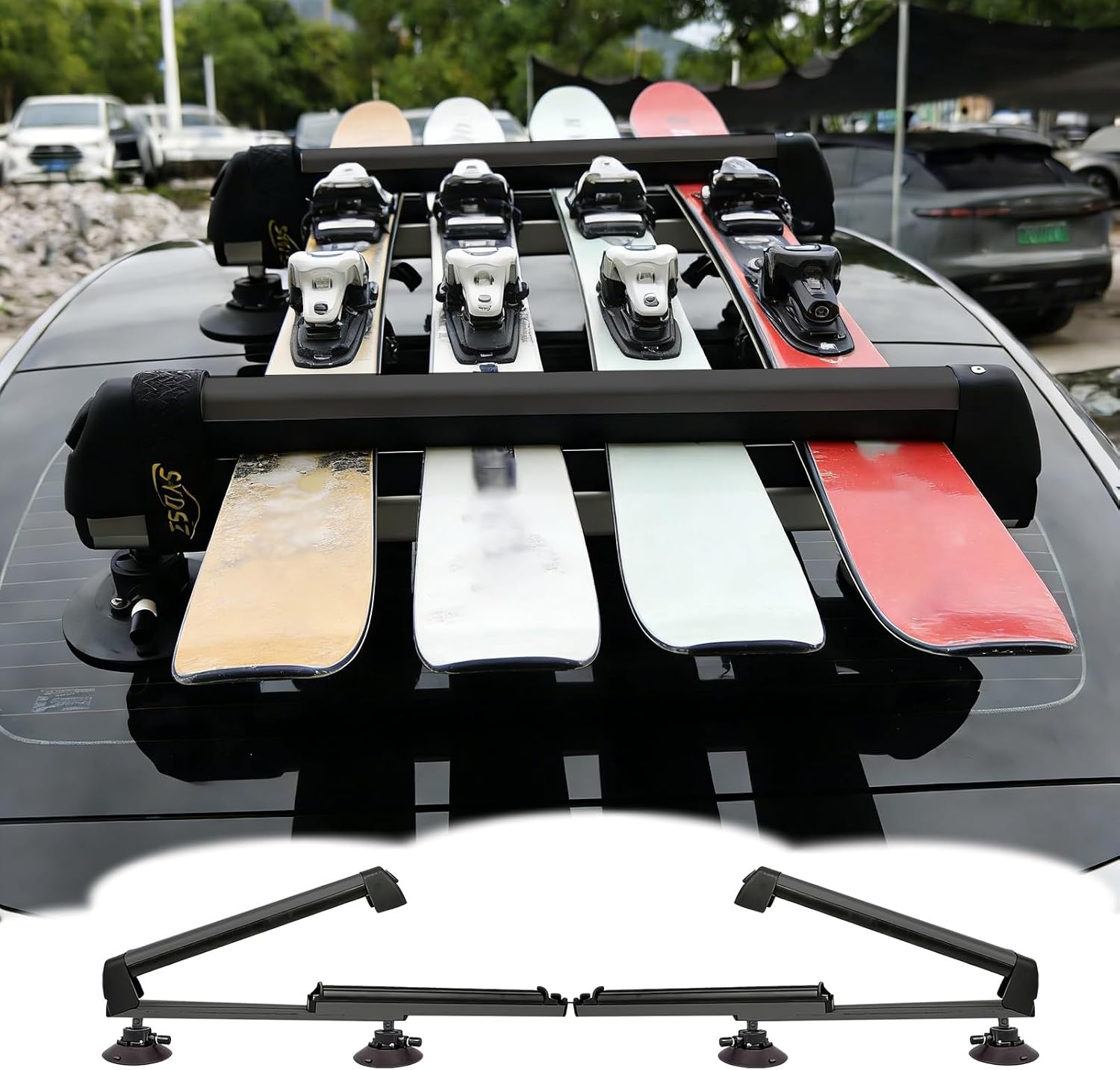 Telescopic Hitch Ski Rack Bar-Free 2 PCS, Universal Roof Snowboard/Surfboard/Ski Storage with Lock, Large Capacity Longboard Storage(Silver)