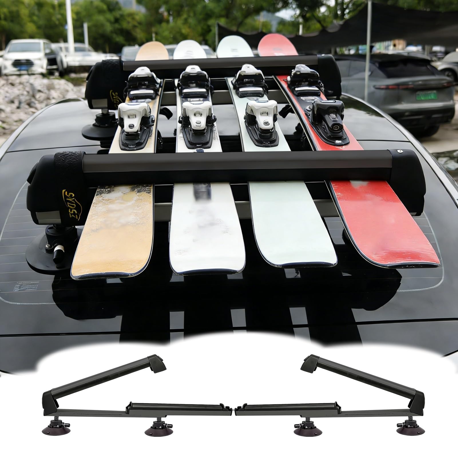 Portaesquis Portaesquís Telescópico sin Barras (2 Unidades) Almacenamiento Universal para Tablas de Snowboard, Surf y Esquís en El Techo, Porta Skis para Coche(Black)
