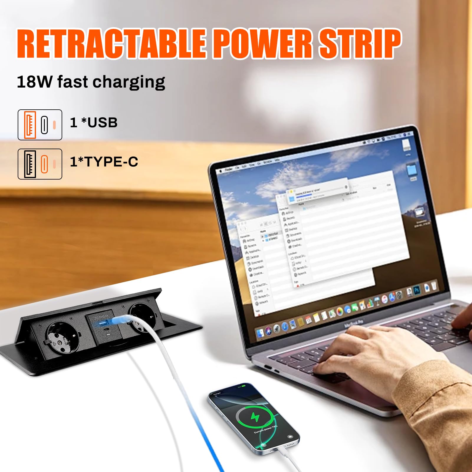 Multipresa da Incasso a Scomparsa con 2 Prese Schuko e USB | 1 USB A e 1 USB C, PD18 W, Cavo 1,8 M, Ciabatta Elettrica a Scomparsa per piano di lavoro, cucina, ufficio, nero