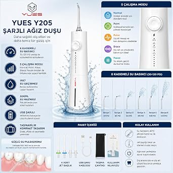 YUES Y205 Şarjlı Ağız Duşu, 300 ml Taşınabilir Oral Irrigator, 5 Modlu 6 Basınç Seviyeli Diş Arası Temizleyici, 30-120 PSI, IPX7 Su Geçirmez, USB Şarjlı, 4 Başlıklı