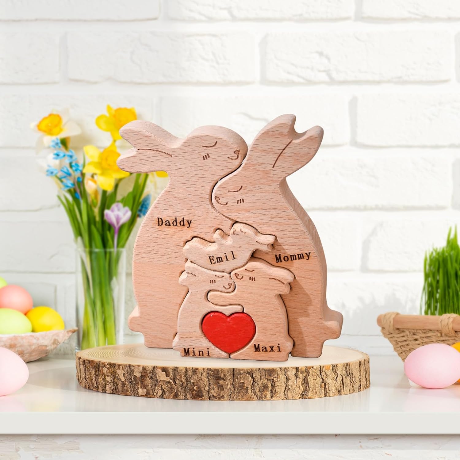 Bunny Family Puzzle, Personalized Wooden Bunny Rabbit Toys Easter Gift with 2-5 Names, Easter Basket Stuffers Birthday Decorative for Home Ideas Decorations Housewarming Gift for Family Friends