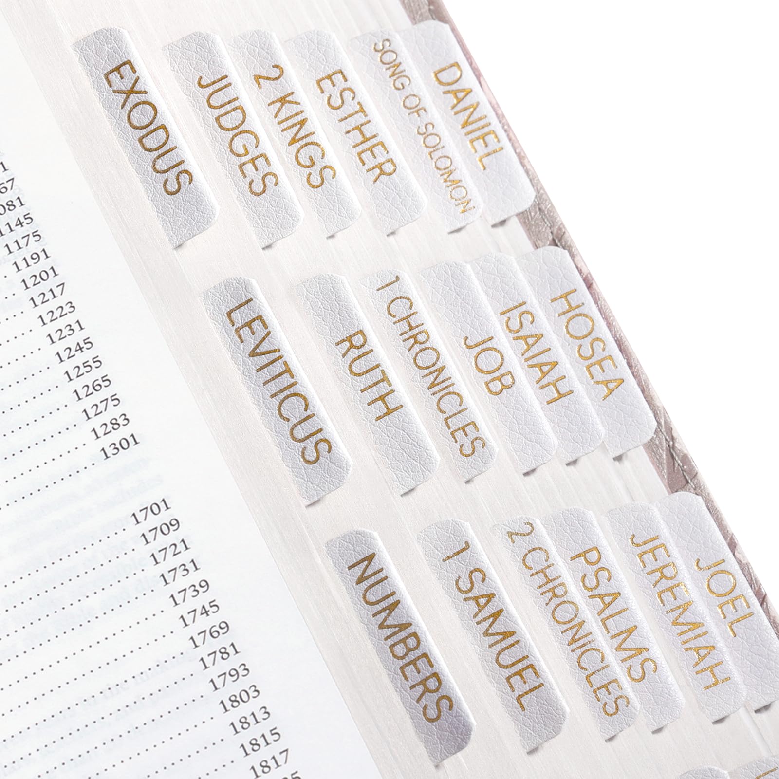 XKDOUS Leather White Bible Tabs, Laminated Large Print Gold Foil Bible Tabs for Women Men, 75 Bible Chapter Tabs, Bible Index Tabs, Bible Book Tabs (White) — image 1