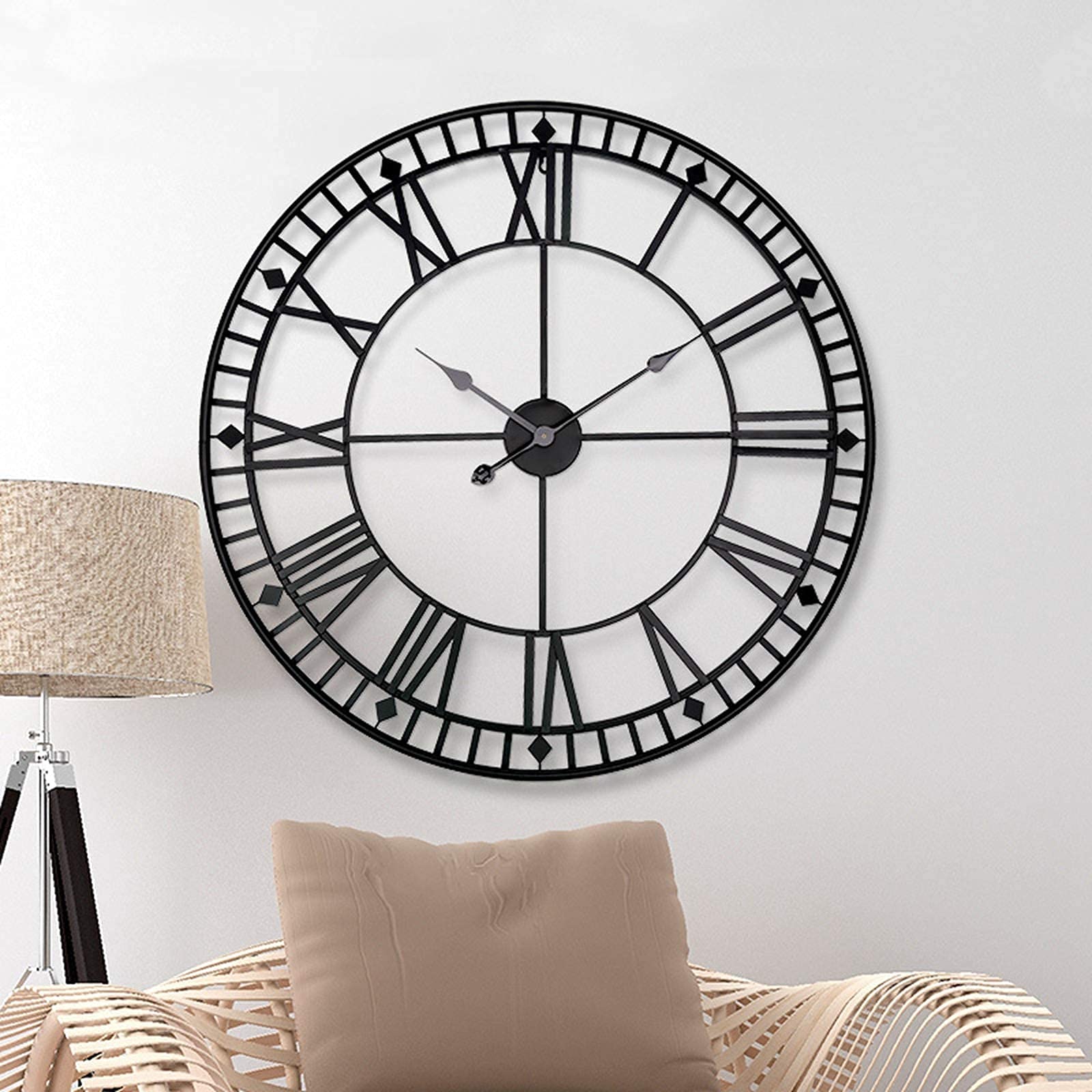 Duży okrągły metalowy zegar ogrodowy, zewnętrzny zegar ścienny z cyframi rzymskimi, olbrzymi design z otwartą tarczą, styl retro, wytrzymała konstrukcja do ogrodów i tarasów
