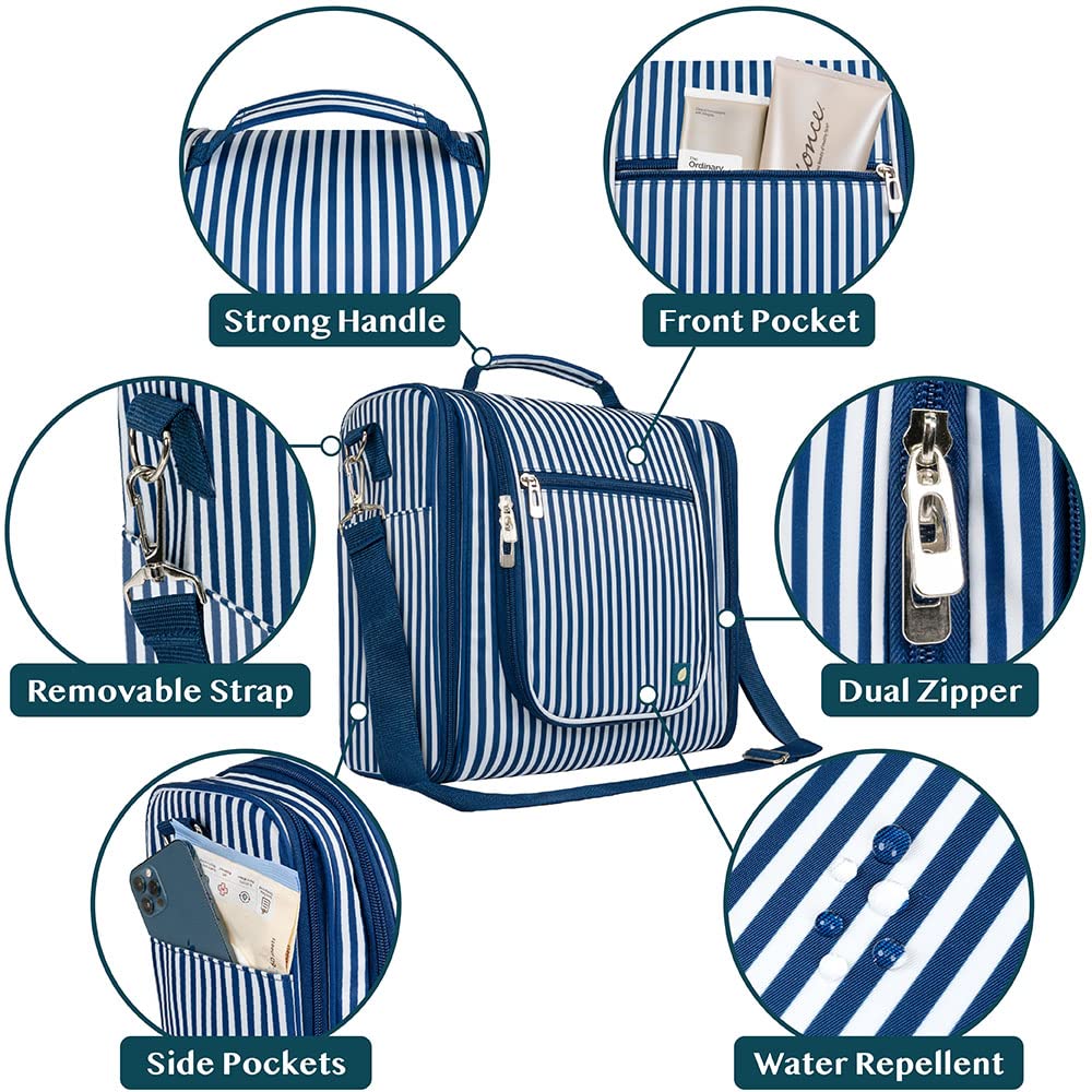 PAVILIA Large Hanging Toiletry Bag for Women Men, Travel Toiletry Bag Organizer for Toiletries, Cosmetics, Makeup Bag with Mesh, Water Resistant Pockets (Stripe Navy)