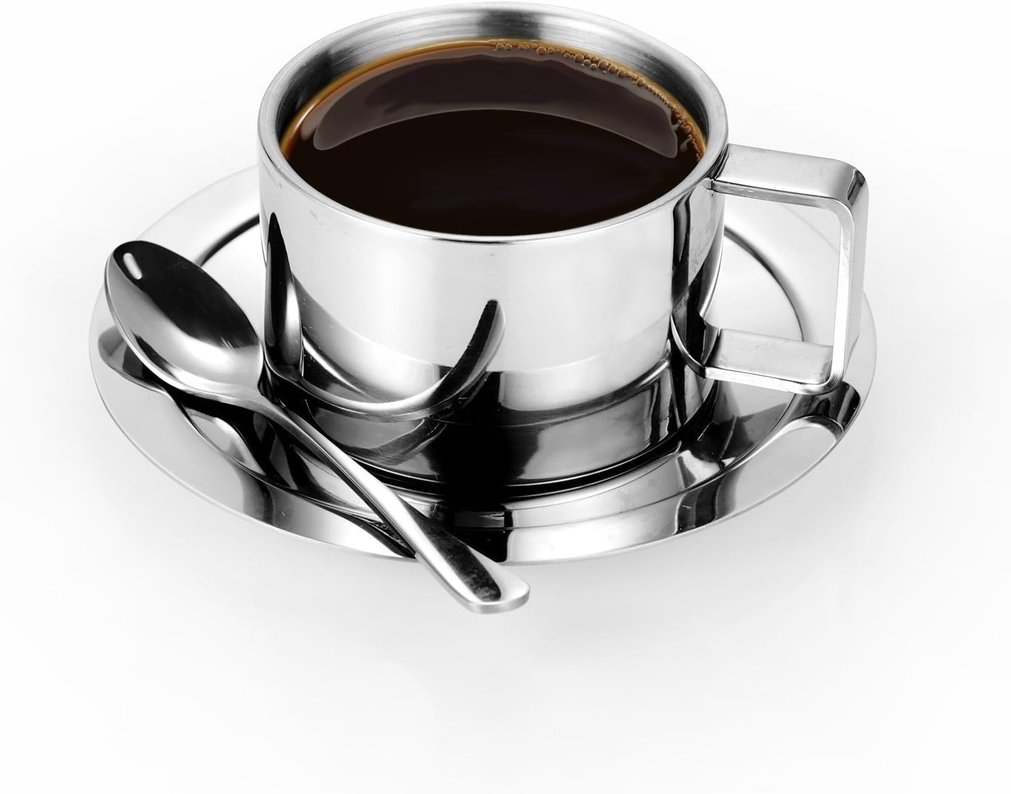 Stainless Steel Coffee Cup Set, Double Walled Insulated Espresso Latte Cappuccino Milk Mug with Saucer and Spoon, for 7 oz / 200 ml