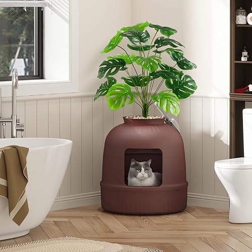 Lifewit Litter Box Cat with Faux Plant & Scoop, Hidden Enclosure Litter Tray with Odor Control & Carbon Filter in Living Room, Bedroom, Corner, Black(Brown,1)