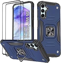 Cover for Samsung Galaxy A55 5G, Tempered Glass [2 Pack] TPU Silicone Cases 360° Rotating Magnetic Ring Ring Holder Bumper – Blue