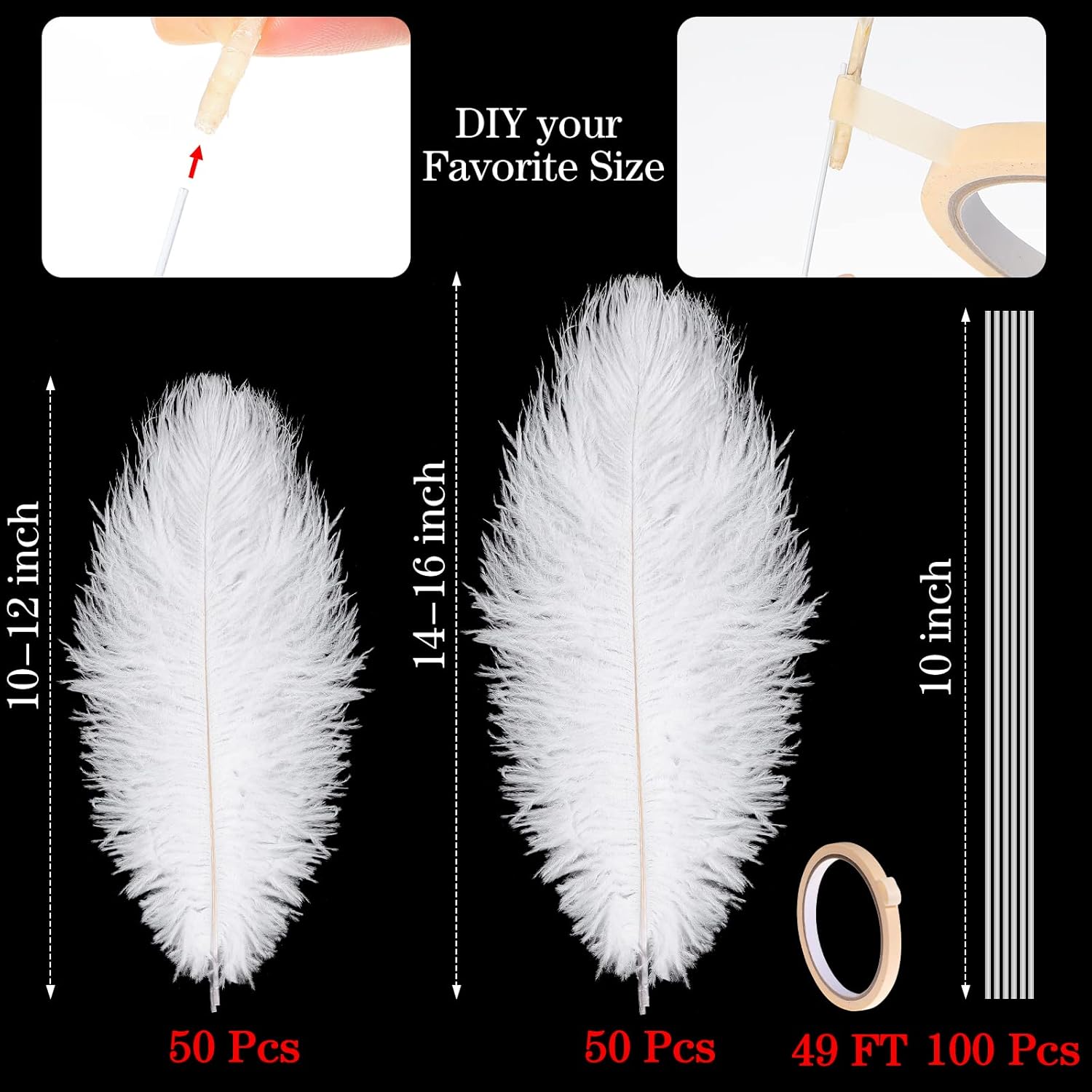 Tigeen 100 Set Ostrich Feathers Bulk 12-14 Inch,10-12 Inch 100 Natural Feathers for Vase with 100 Sticks and Tape Making Kit for DIY Wedding Floral Arrangement Party Centerpiece Decor(White)