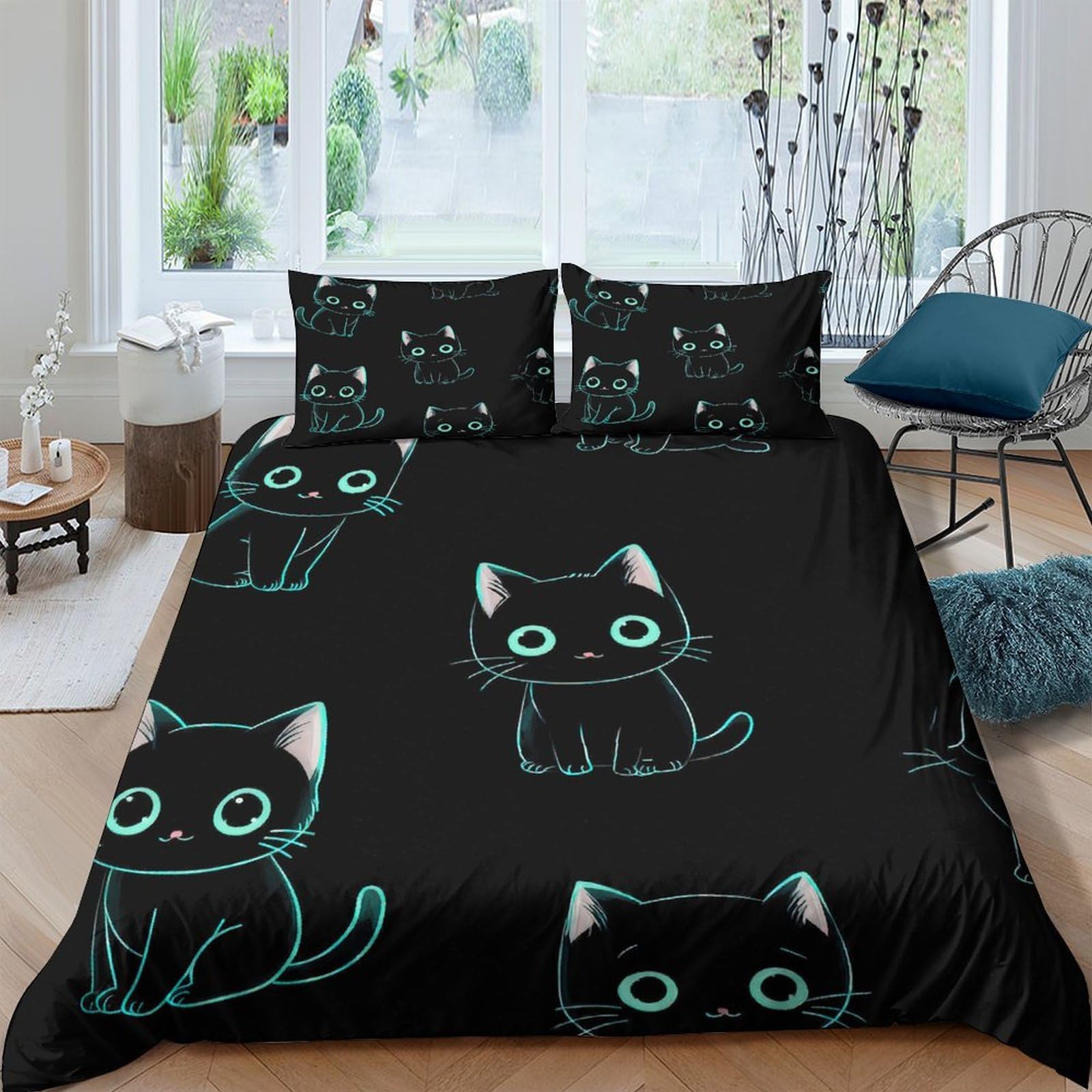 Ctjqhvkz Style-5 3D Printed Black Cat Fitted Sheet Microfiber Soft Breathable Blue Eyes Bed Sheet For Bedroom Guest Room Decor Single（135X200cm）