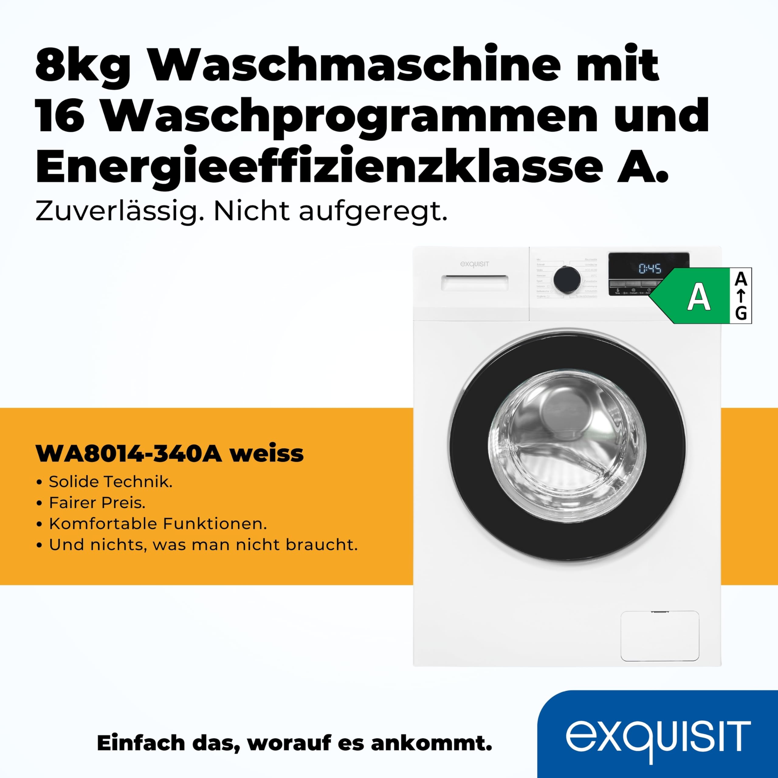 Exquisit Lavatrice WA8014-340A bianca | Lavatrice 8 kg | Efficienza energetica A | 16 programmi di lavaggio | Sicurezza bambini | Scelta orario di inizio