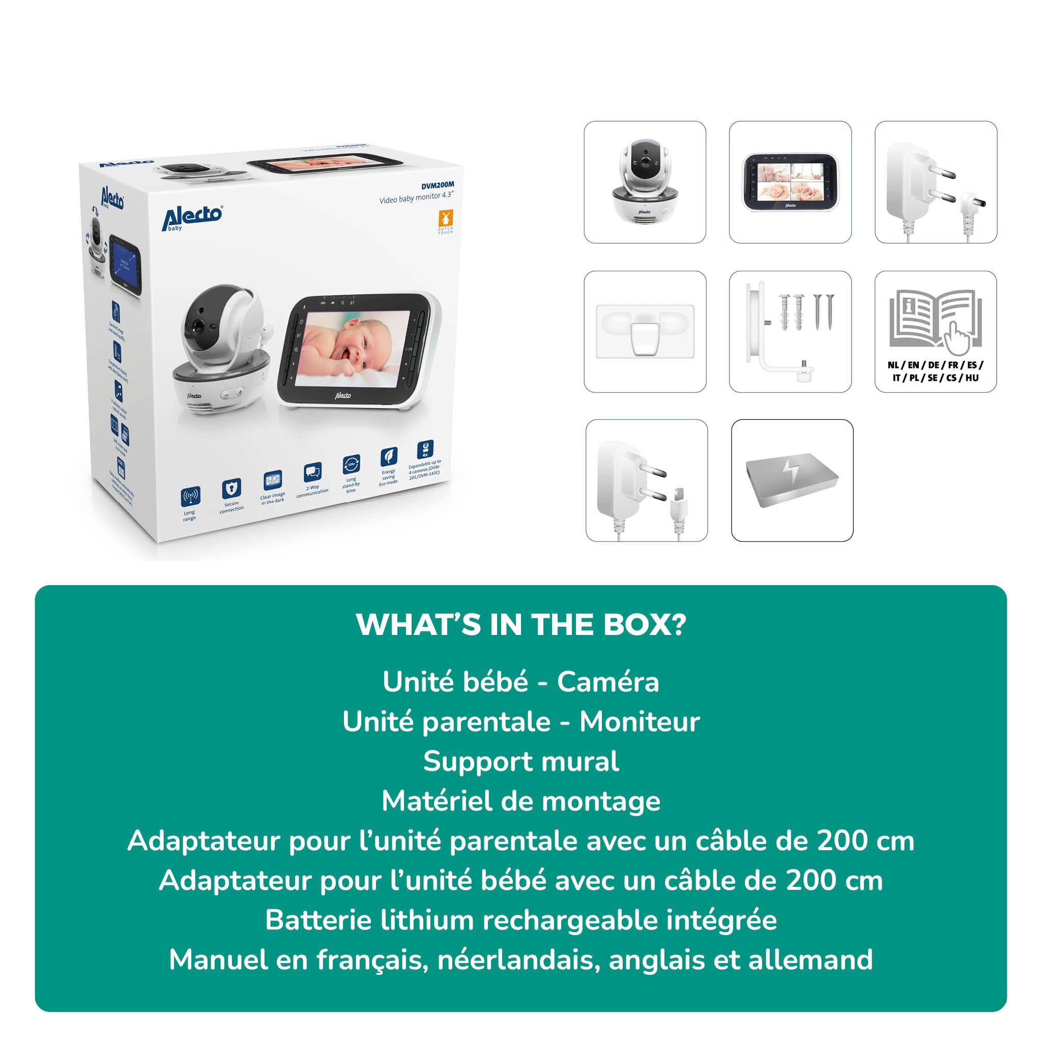 Alecto DVM200M - Babyphone avec caméra et écran couleur 4.3", blanc/anthracite
