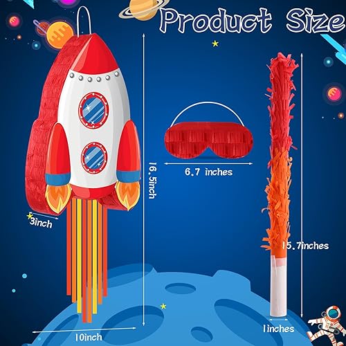 Miniatura 2 de Piñata espacial de cohete con los ojos vendados y murciélagos, suministros de fiesta temática para niñas, niños, fiesta de cumpleaños, juguetes,