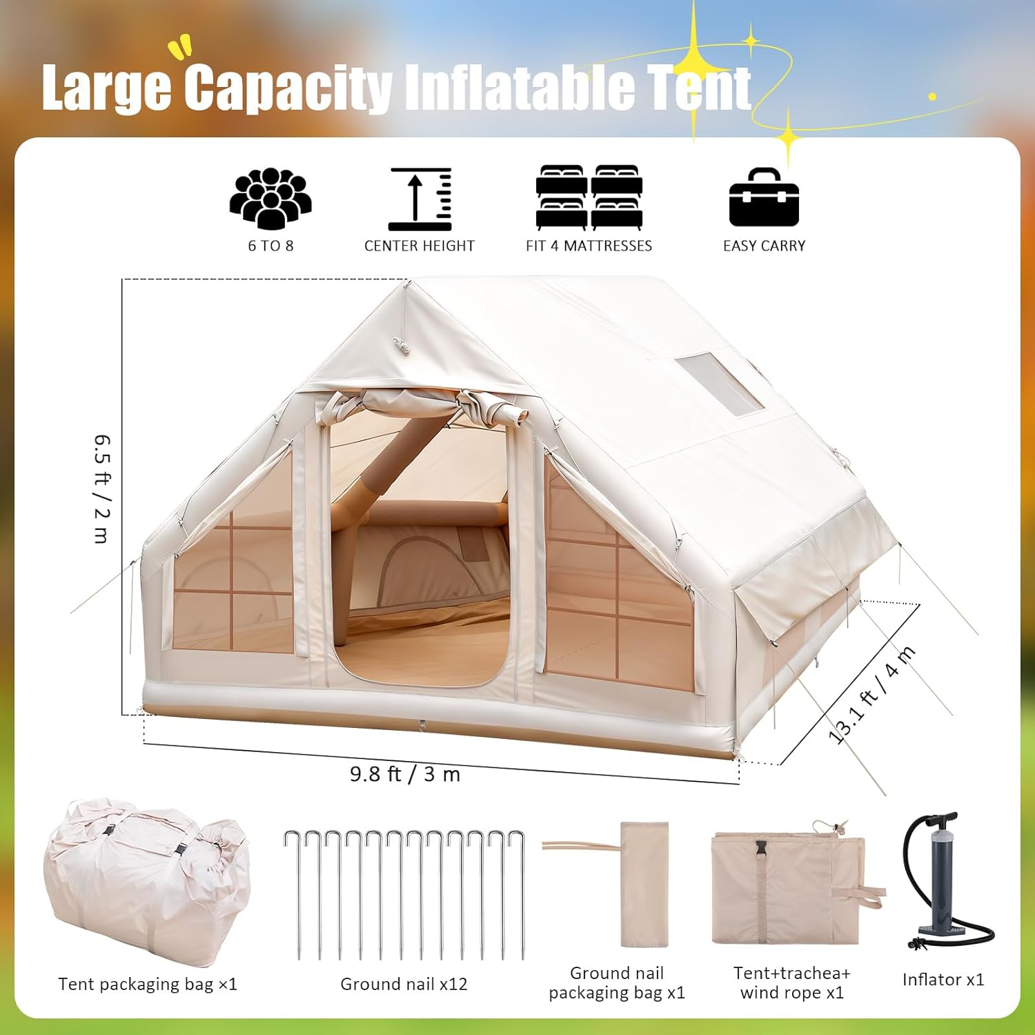 Inflatable Tent for 6-8 Person, Large Camping Tent, Blow Up Tents Camping Gear with Pump, 420D Oxford Waterproof & Windproof Glamping Tent, Inflatable Tents for Camping, Brown
