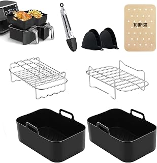Air Fryer Accessories, Set of 8 for Ninja Dual AF300UK AF400UK includes 2 double fryer racks and 2 silicone air fryer machines and 100pcs paper liner and 2 silicone gloves and 1