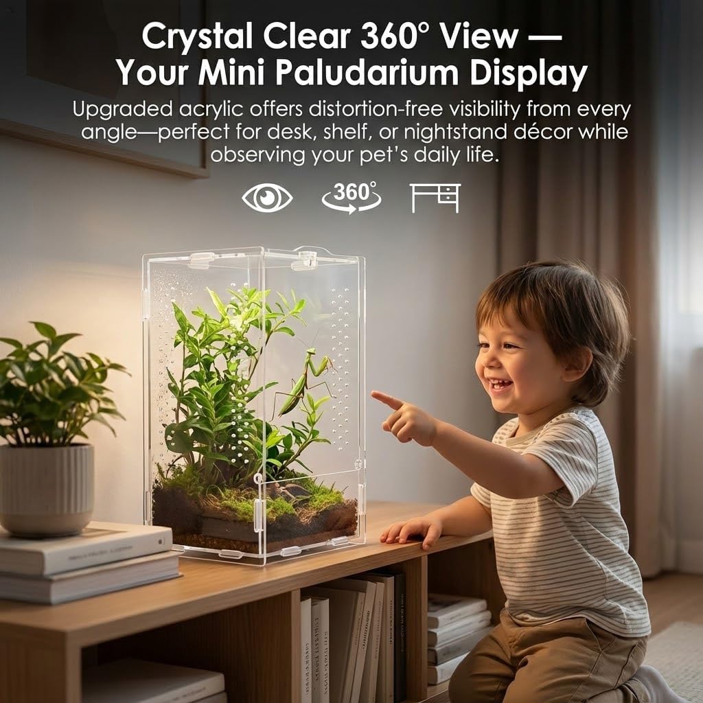 Acrylic Jumping Spider Enclosure: Tarantula Enclosure with Door Lock for Gecko Praying Mantis Snail - Front Opening Arboreal Reptile Terrarium Dual-Side Ventilation Bug Habitat for Desk Decor