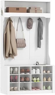HOMCOM 4-In-1 Hall Tree with Bench and Shoe Storage, Farmhouse Entryway Coat Rack Shoe Bench with 12 Shoe Cubbies, 6 Hooks and Open Shelf for Hallway, White