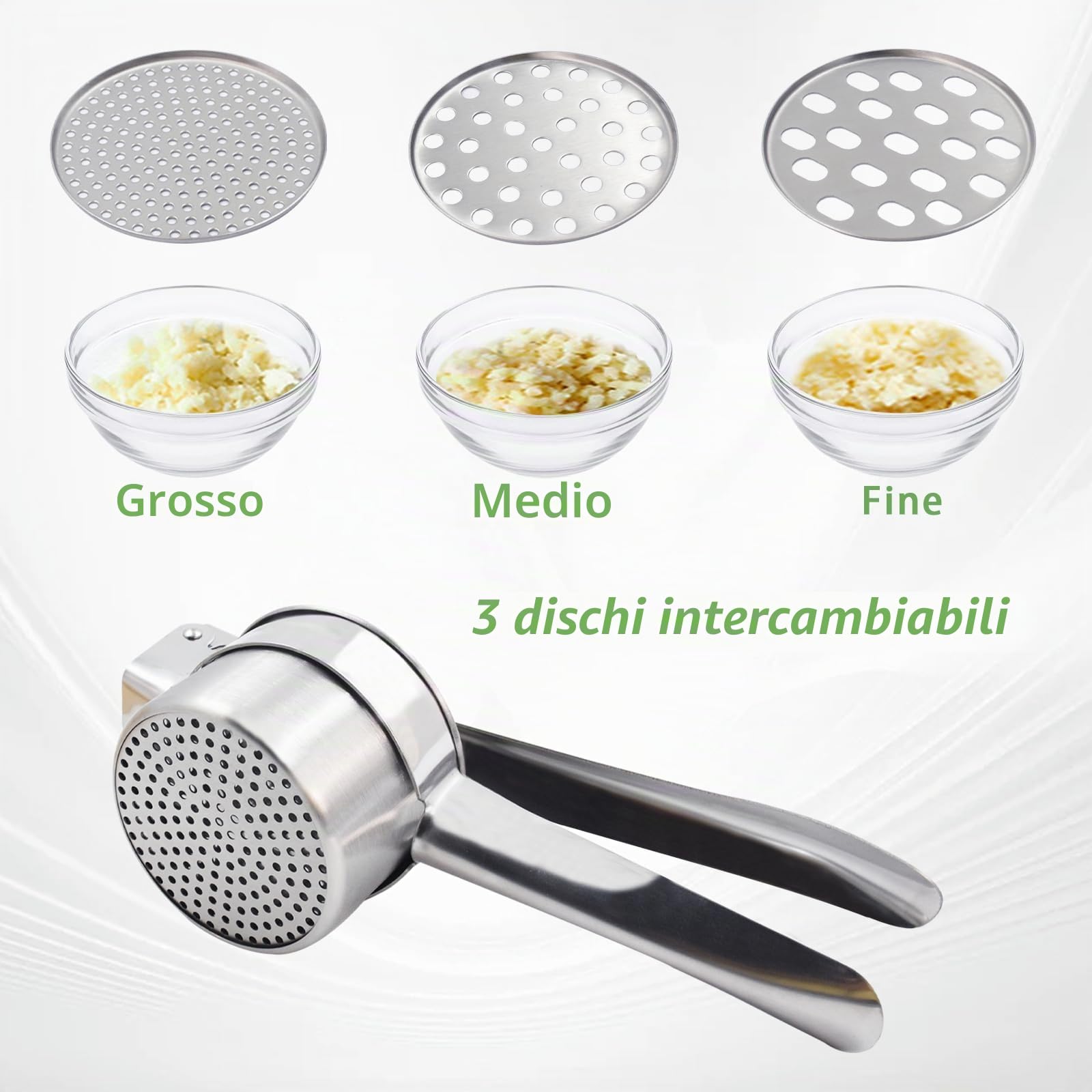 Schiacciapatate Manuale in Acciaio Inox, Professionale Potato Ricer, Pressa per Purè di Patate Liscie, Marmellata, Verdure E Frutta, con 3 colini sostituibili (Fine Medio Grossolano)