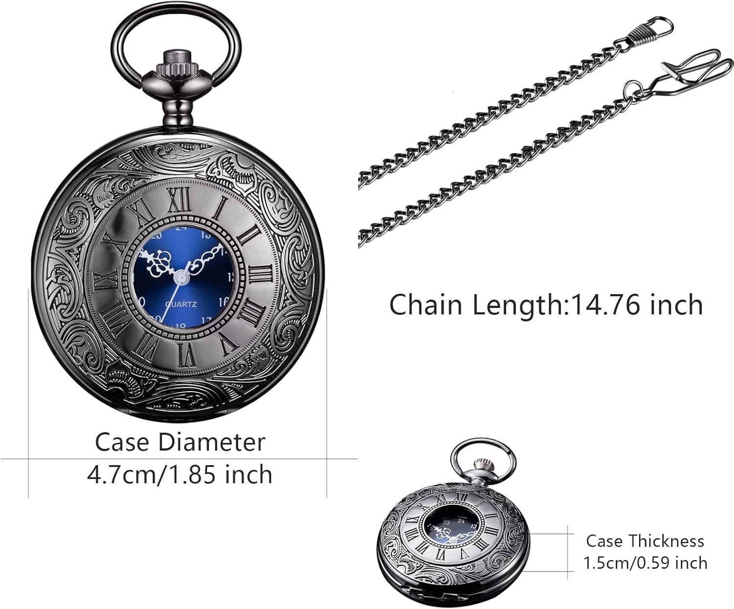 BOSHIYA Pocket Watches for Men Vintage Unique Blue Dial Roman Numerals Scale Black Quartz Pocket Watch with Chain for Christmas Graduation Birthday Gifts - Image 5