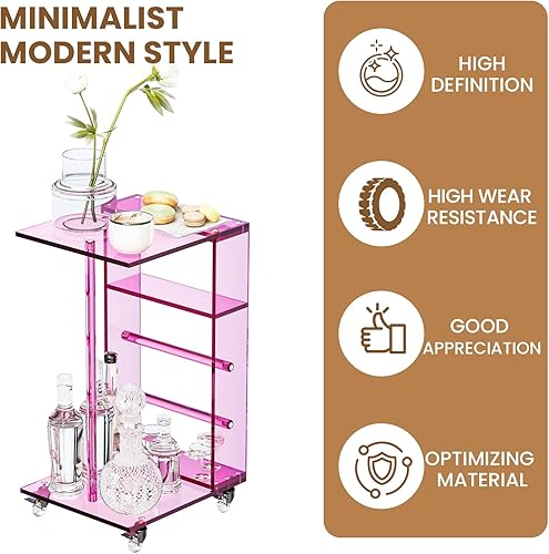 Vista 3 de Dethan Mesa auxiliar en forma de C de acrílico transparente con ruedas - Mesa auxiliar pequeña y moderna, mesa de café con ruedas para sala