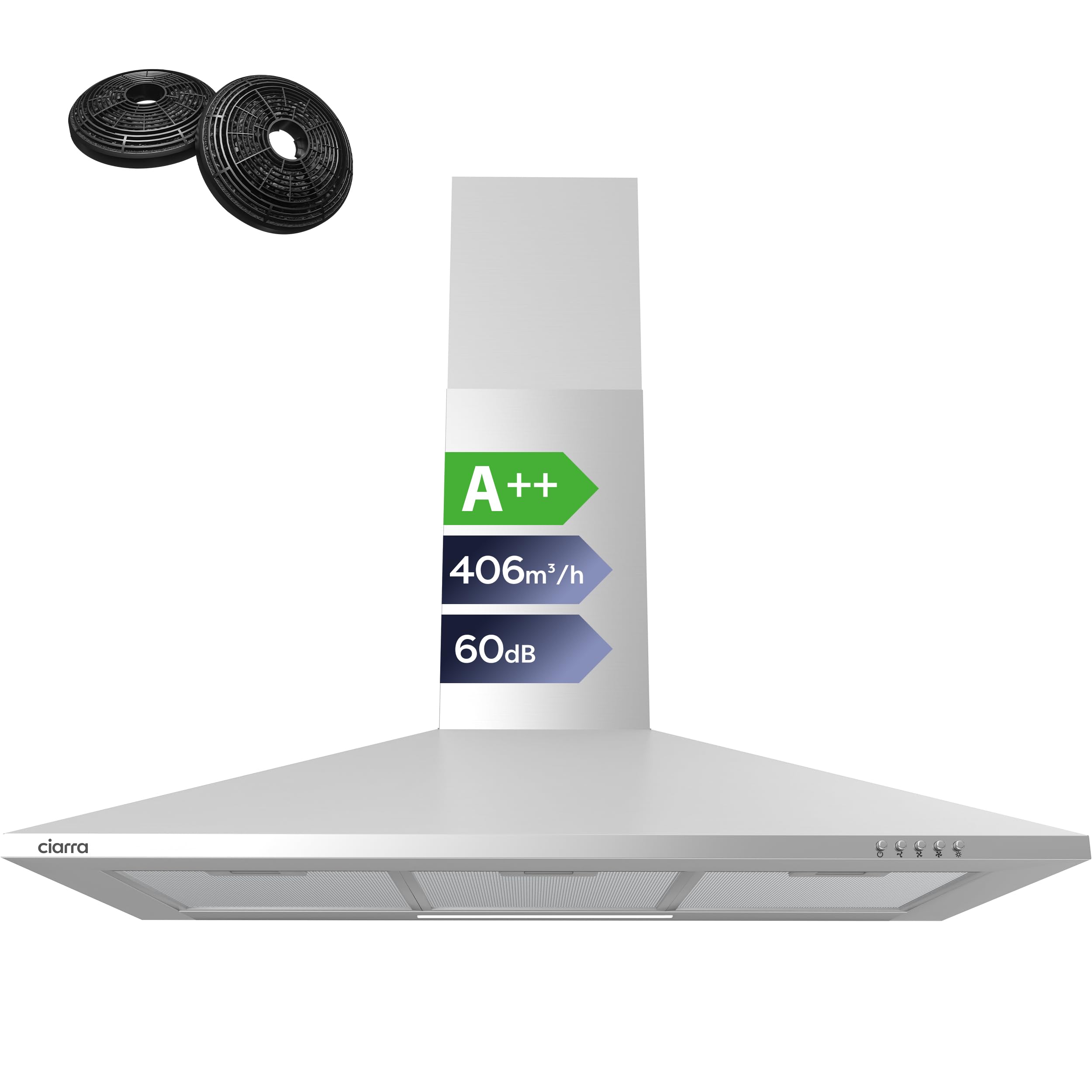 CIARRA ASS9201 Campana Extractora 90cm 406m³/h 60dB Plata | 3 Velocidades Recirculación Interna por Filtro de Carbón CBCF002X2 Acero Inoxidable