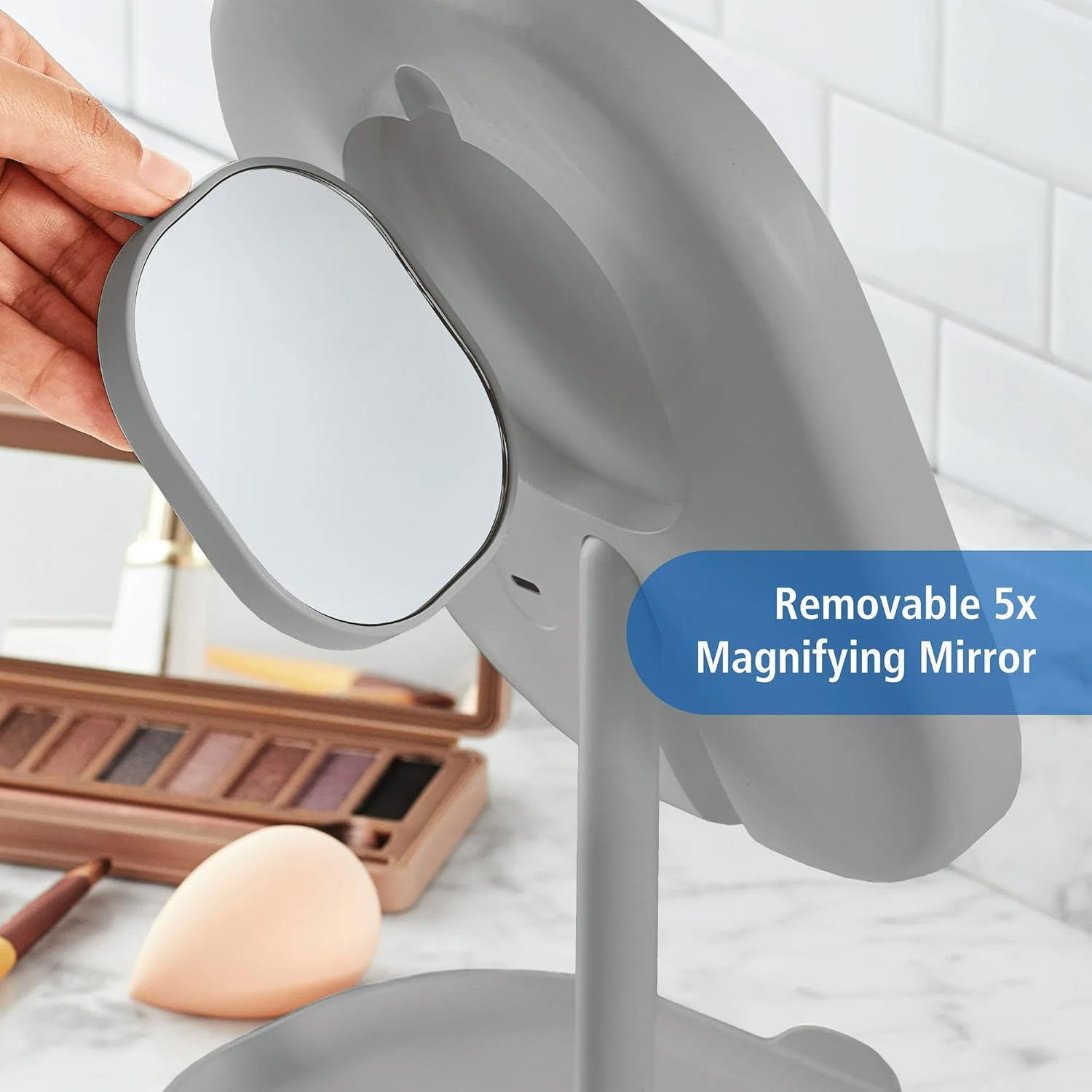 Rechargeable LED Makeup Mirror with Lights, 5X Magnifying & Storage Tray | Touch Control Vanity Mirror for Desk, Compact Makeup Mirror with Adjustable Brightness