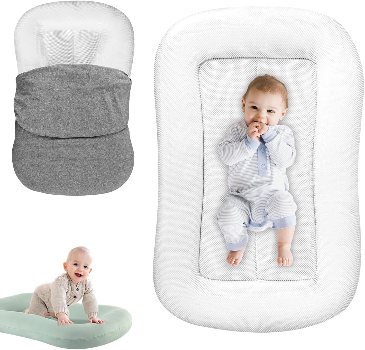 Baby Lounger for Newborn, Soft Breathable Cotton Infant Support Cushion, Baby Essentials Gift (Green)