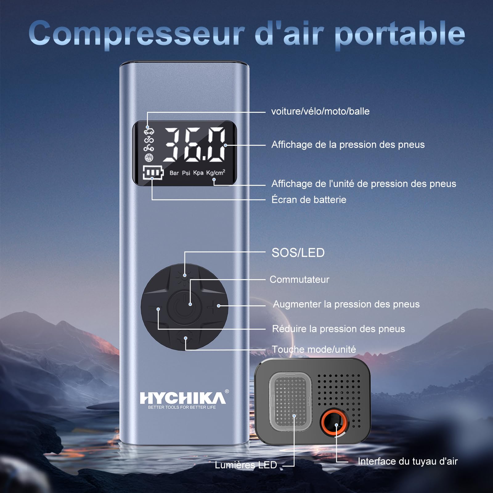 HYCHIKA Mini Compresseur à Air Portatif, 12V 6000mAh Gonfleur Pneus Voiture Gonfleur Electrique Pompe a Velo 150PSI avec Écran LCD + Lampe LED, 4 Modes pour Voiture, Velo, Moto, Balle