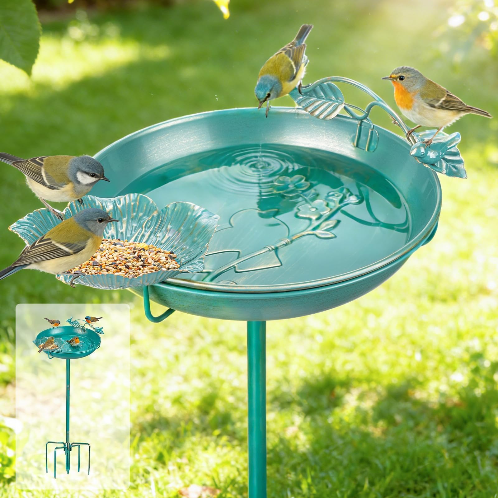 Mellbree Metal Bird Bath for Outside, 12" Dia 39" H Lake Blue with Gold Gilding, Freestanding with Perch & Feeder Bowl, Multi-Functional for Garden Patio Yard Lawn Outdoor Decor