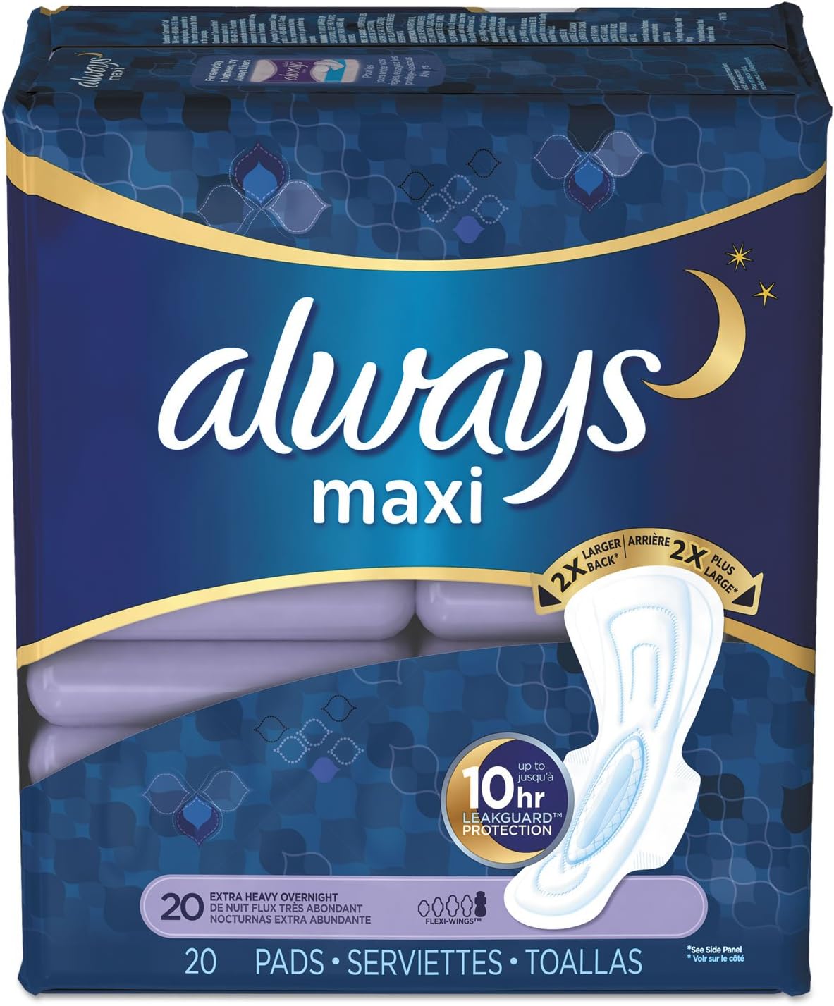 Always 17902 Maxi Pads, Extra Heavy Overnight, 20/Pack, 6 Packs/Carton