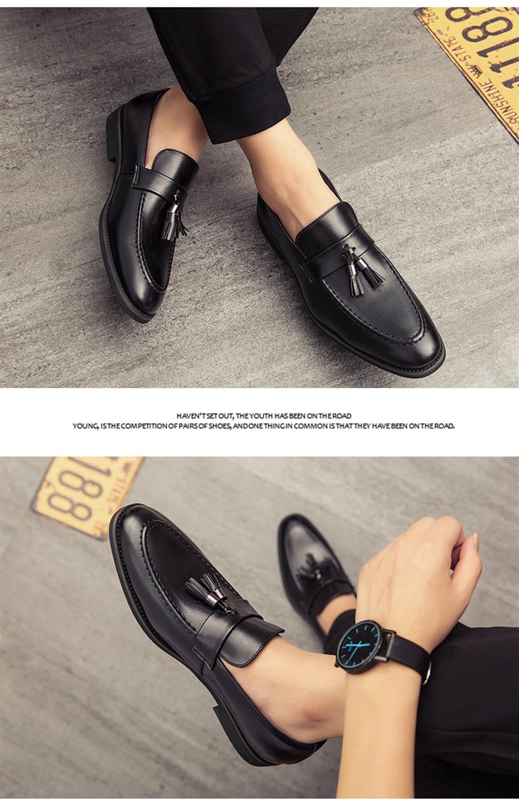 Mocasines Sin Cordones con Borlas De Cuero para Hombre Mocasines De Fumar Clásicos Penny Flats para Vestidos Informales De Negocios Fiesta De Graduación,Negro,38 EU