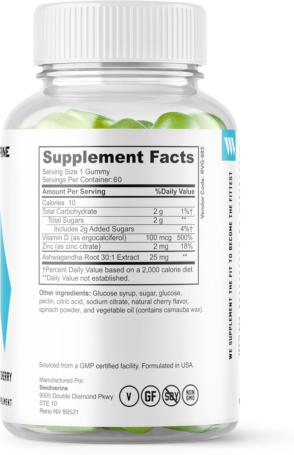 Swolverine Ashwagandha Vitamin Gummies | Zinc, Vitamin D, Relax, Sleep, Strength, Non-GMO, Vegan - Cherry (60 Count)