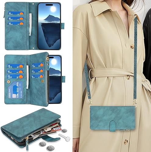 Miniatura 8 de Compatible con iPhone SE3 202278SE 2020 - Funda para teléfono con 9 tarjetero, 1 billetera con cremallera, 2 ranuras para efectivo, cordón para