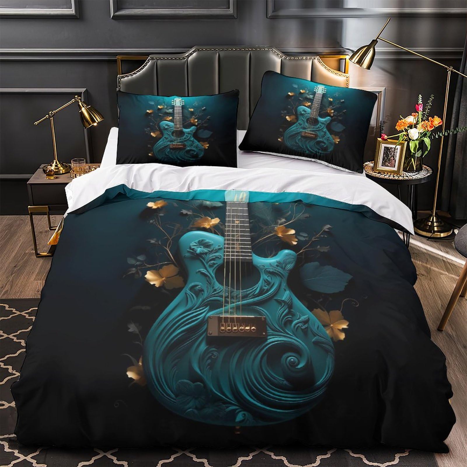 Housse de couette guitare 3D en microfibre 140x200cm avec 2 taies d'oreiller pour lit single