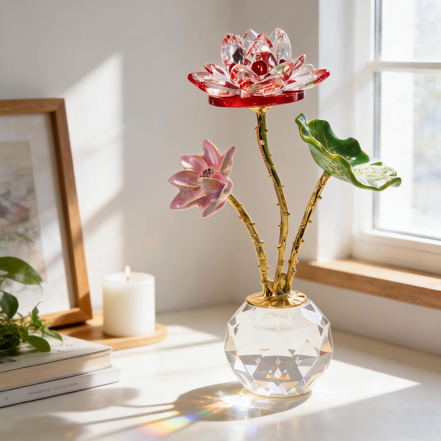 Crystal Lotus Flower Figurine with Vase - Handmade Glass Lotus Flower Home Decor, Good Luck Gifts for Women on Christmas Day Mother's Day Wedding Party Valentine's Day Wedding(Red)