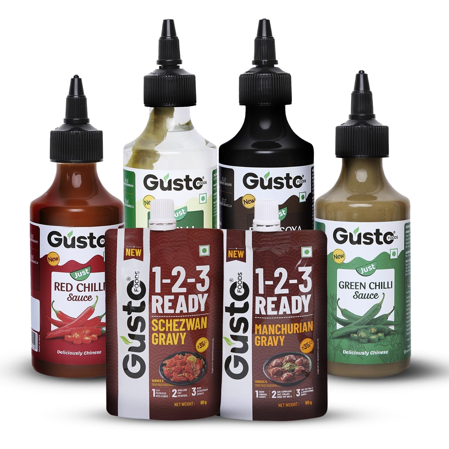 Gusto Foods Chinese Sauces Combo | Red & Green Chilli Sauce, Soya Sauce, Chilli Vinegar, Schezwan & Manchurian Gravy | Complete Pack for Chinese Dishes