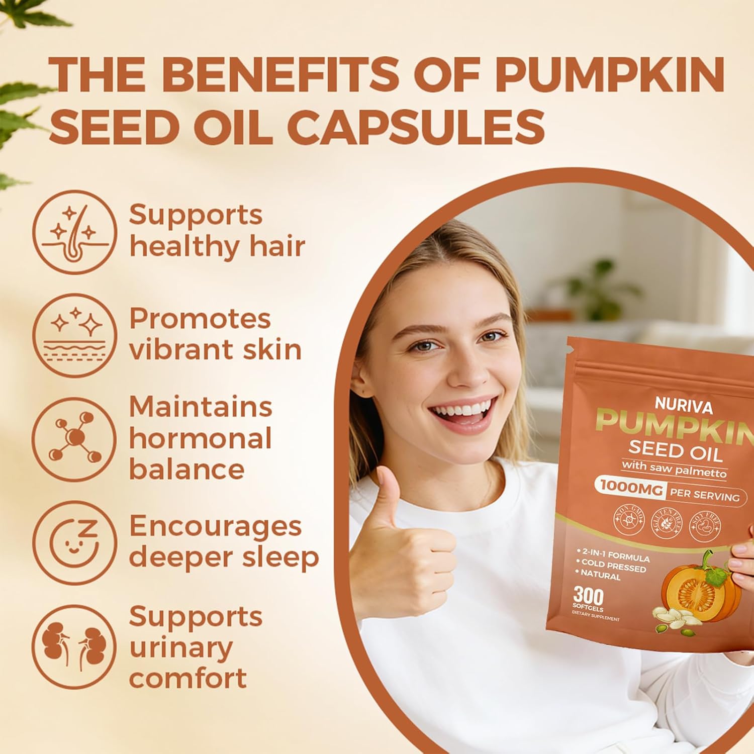Nuriva Pumpkin Seed Oil with Saw Palmetto Capsules – 2-in-1 Formula, Cold-Pressed Virgin Oil, 300 Softgels | Essential Fatty Acids | Supports Hair Growth, Bladder & Prostate Health | Non-GMO(1 PACK)