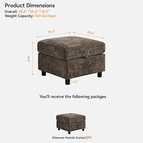 Miniatura 2 de Módulo otomano cuadrado de almacenamiento de 25 pulgadas para sofá modular y mesa de centro para sala de estar, reposapiés otomano seccional para