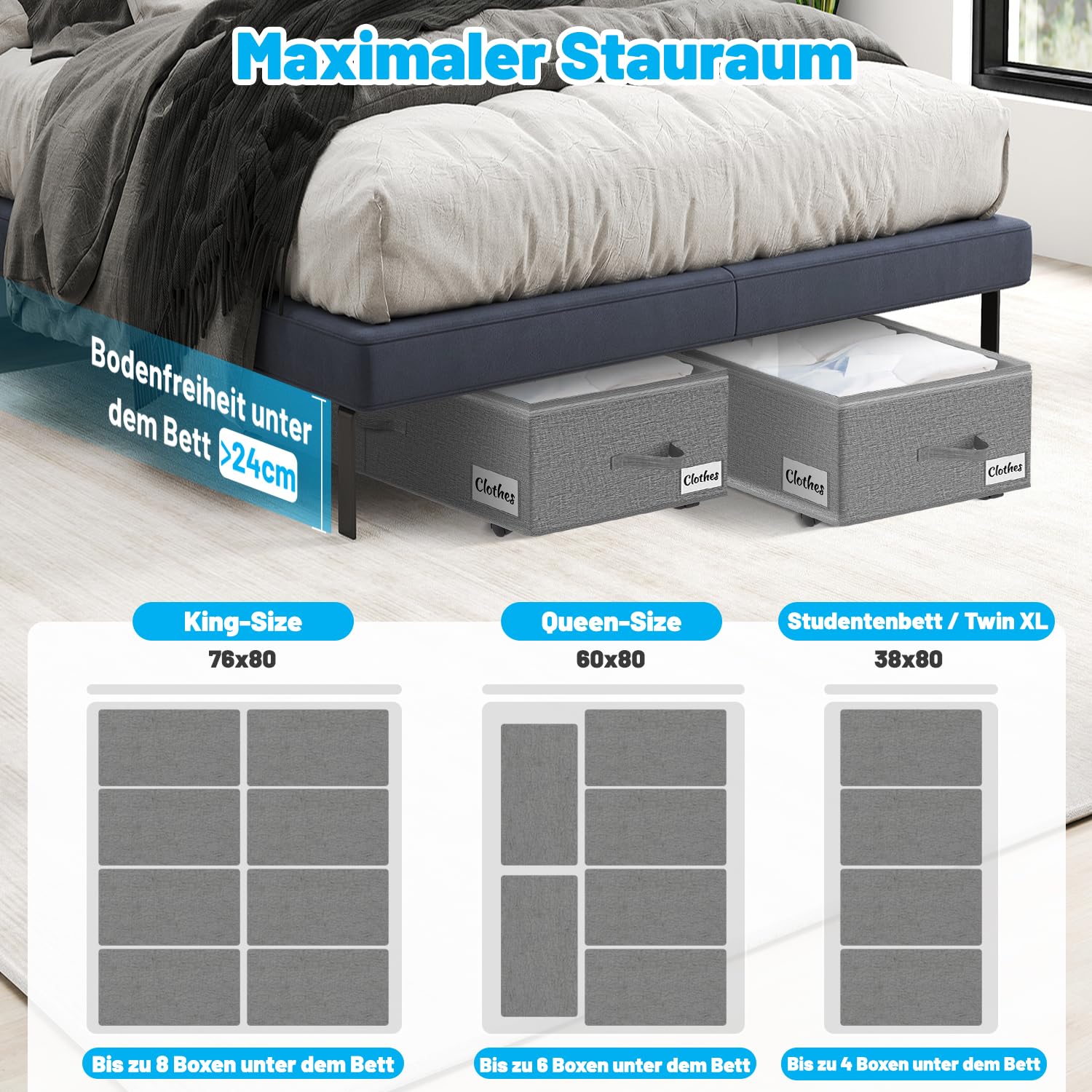 Cassettiera sotto il letto con ruote, rotazione a 360°, 2 pezzi, XXL, 60 l, con coperchio trasparente, montaggio rapido, per coperte, vestiti, scarpe e coperte, grigio