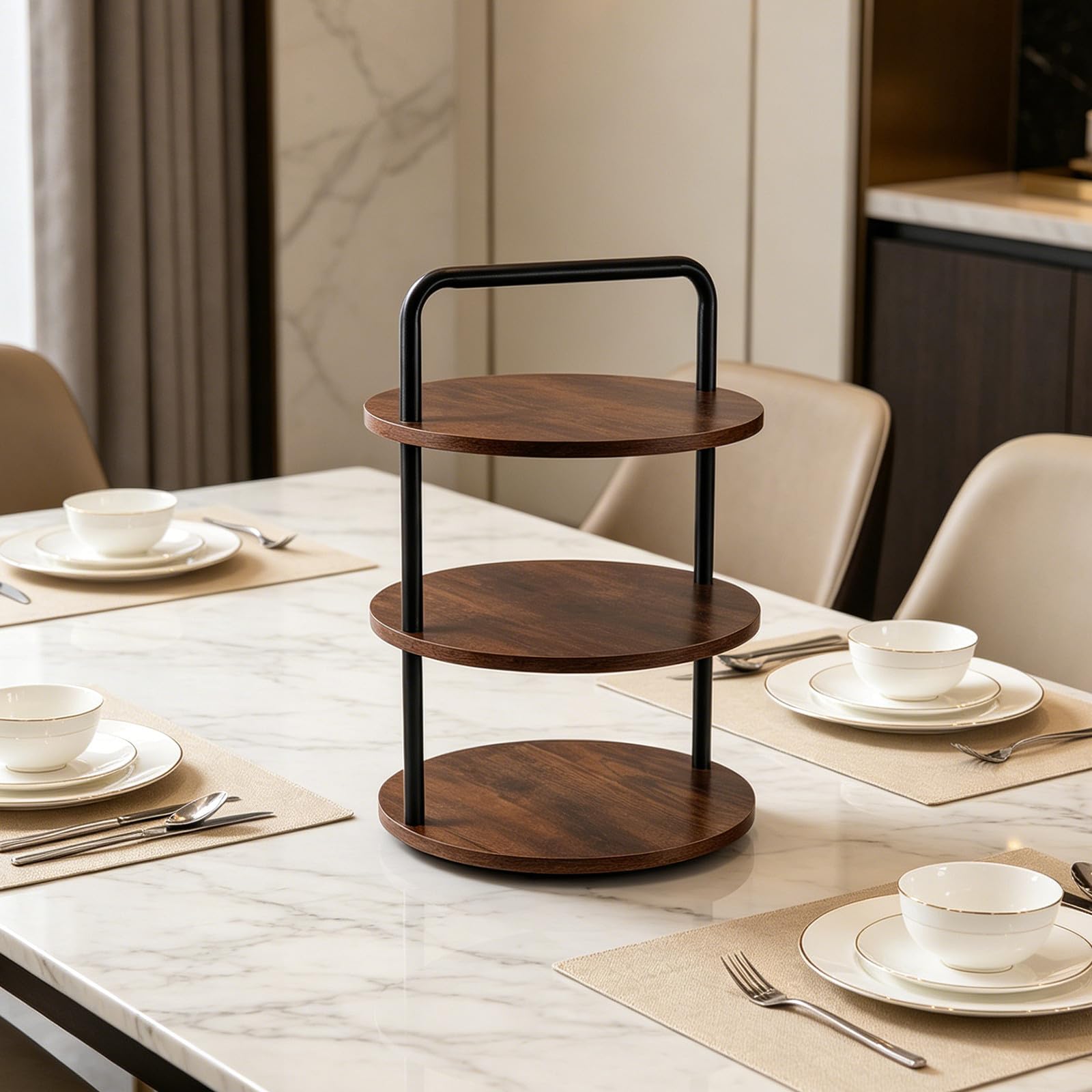 Zerodeko Porta Pizza a 3 Livelli in Ferro e Legno per Feste e Matrimoni, Accessorio Cucina Sicuro per Servire Ingredienti Pizza in Stabile e Modulare