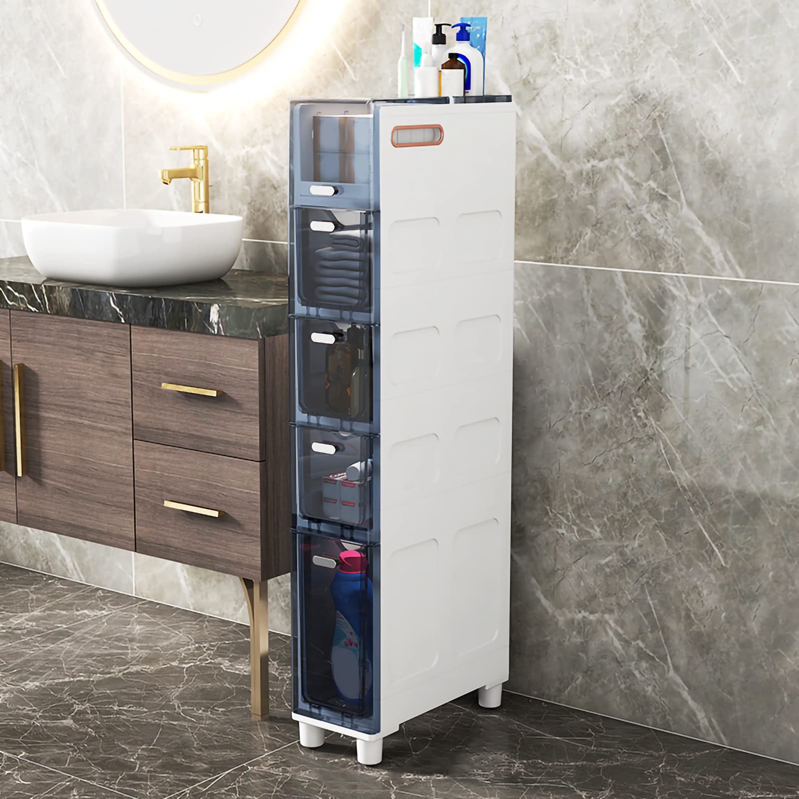 Tour de rangement plastique bureau et armoire de sol fine à 5 niveaux avec tiroirs transparents