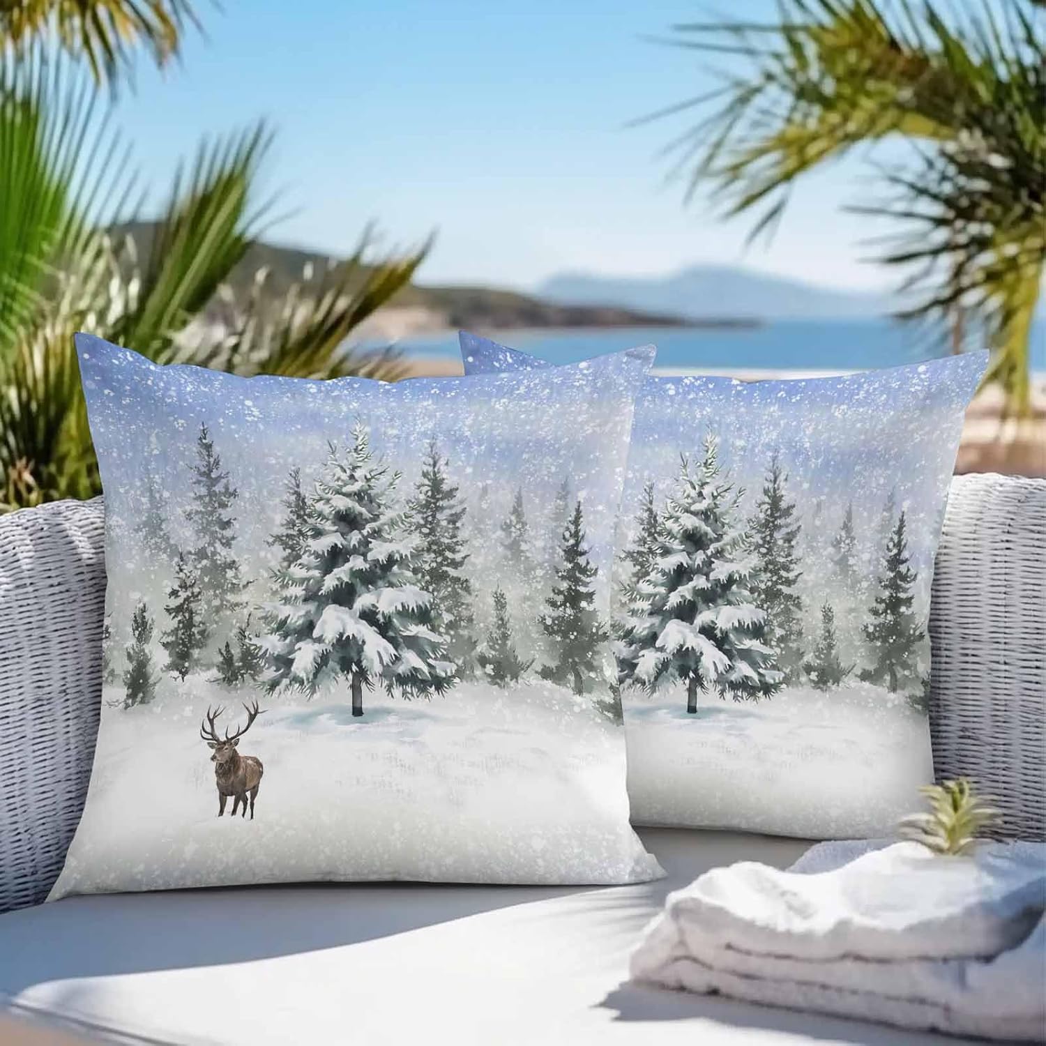 Christmas Outdoor Waterproof Pillow Covers, Snowflake Green Xmas Tree Elk Winter Decorative Square Throw Pillowcase Sofa Cushion Sham for Patio/Couch/Chair, 26"x26" 2 Pack