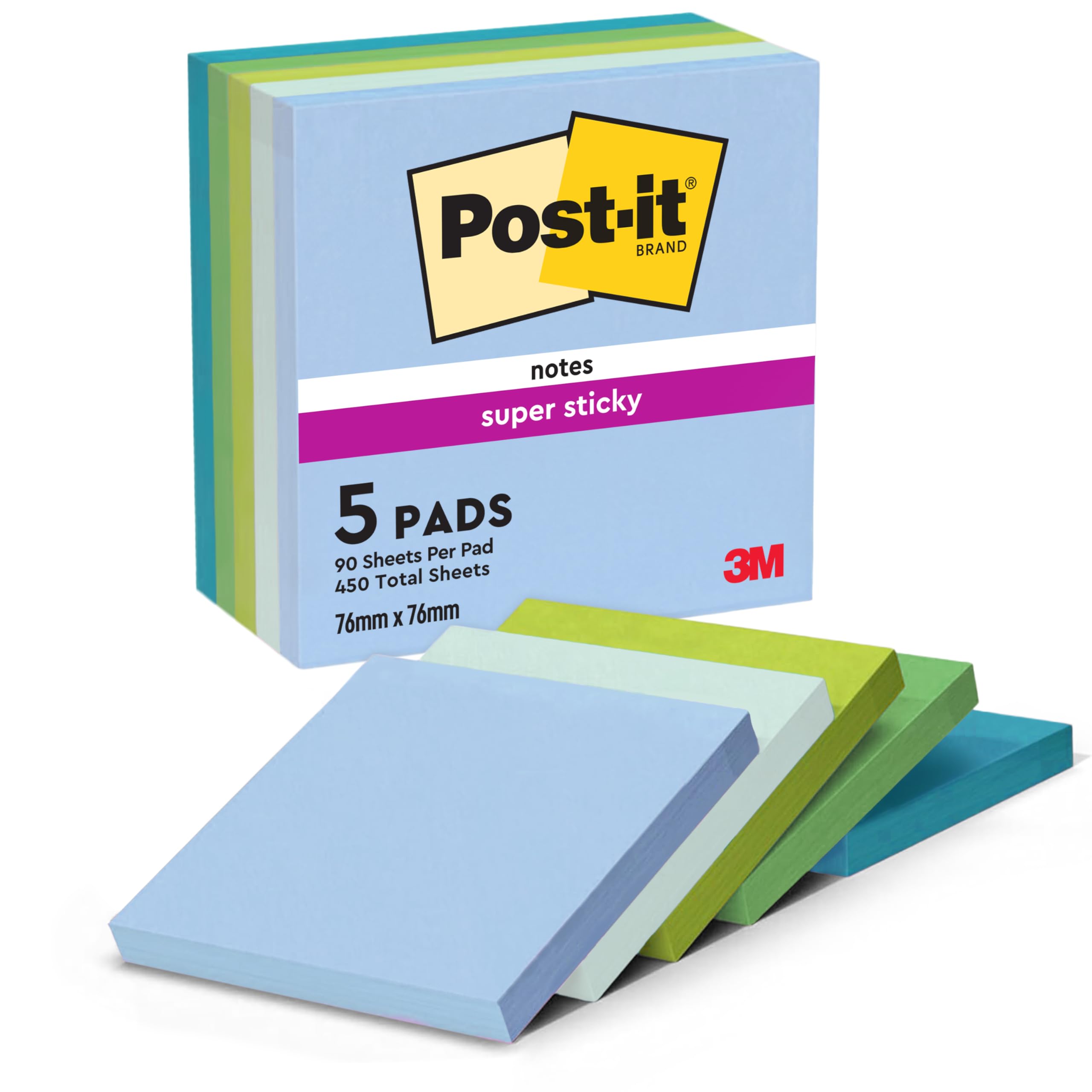 Post-it Super Sticky Notes Oasis Color Collection, Pack of 5 Pads, 90 Sheets per Pad, 76 mm x 76 mm, Blue, Green - Extra Sticky Notes for Note Taking, to Do Lists & Reminders