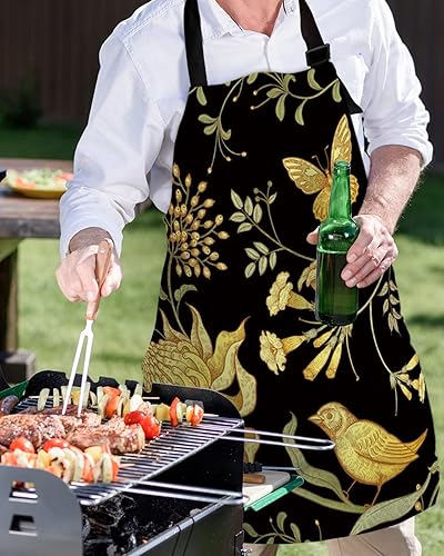 Miniatura 5 de Vintage Gold Azalea Flower Bird and Butterflies Waterproof Apron With Pockets,Abstract Black Kitchen Chefs Bib Cooking BBQ Grill Bake Adjustable