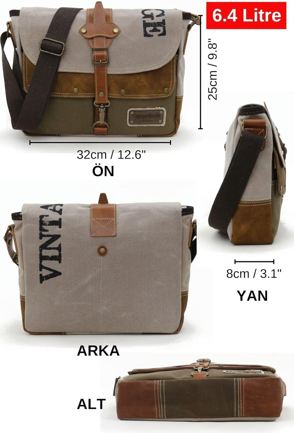 Cappadocia Vintage Antiochia 4046 Messenger Bag, Leather Detailed Shoulder Laptop Bag, Unisex Style for Daily, Travel