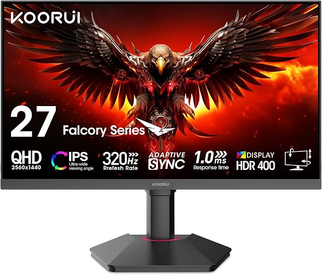 KOORUI 27 Moniteur de jeu de pouce - WQHD (2560x1440) Moniteurs d'ordinateur, 320Hz, 1ms avec Sync adaptatif, Flou à faible mouvement extrême, HDR400, HDMI DisplayPort, VESA Montable, noir G2721E